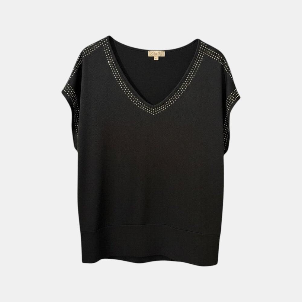 Lavish Women's Black Embellished V-Neck Cap Sleeve Top Rhinestone Blouse Sz L